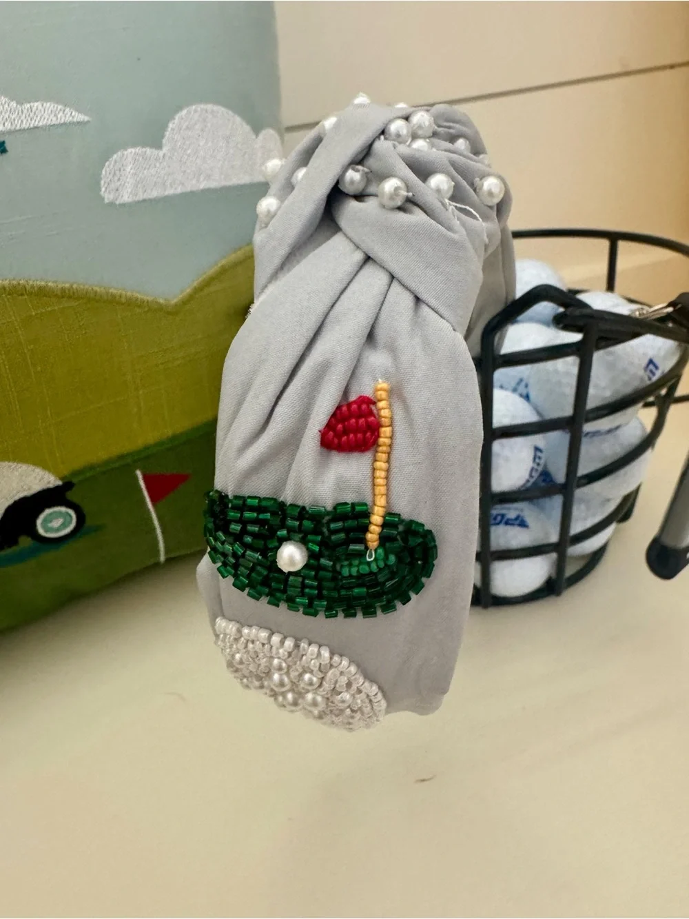 Beaded Grey Headband with Golf Motif